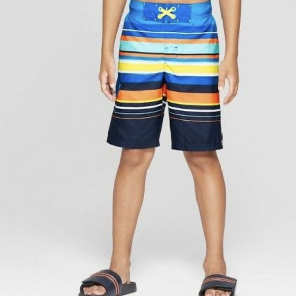 25 Cat & Jack Boys Striped Swim Trunk Blue XL Husky(16)